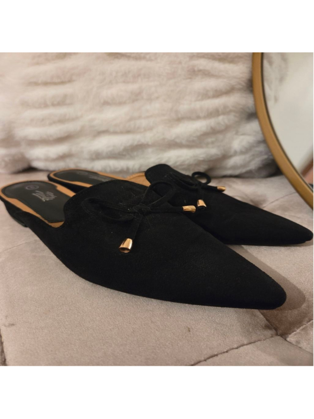 Women's Heel The World Black Suede Mules Size 8 with Gold Bow Detail
